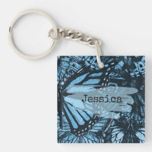 Abstract Grunge Blue Butterfly Art Personalized Key Ring