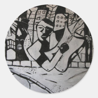 ABSTRACT GUITARIST BLACK WHITE CLASSIC ROUND STICKER
