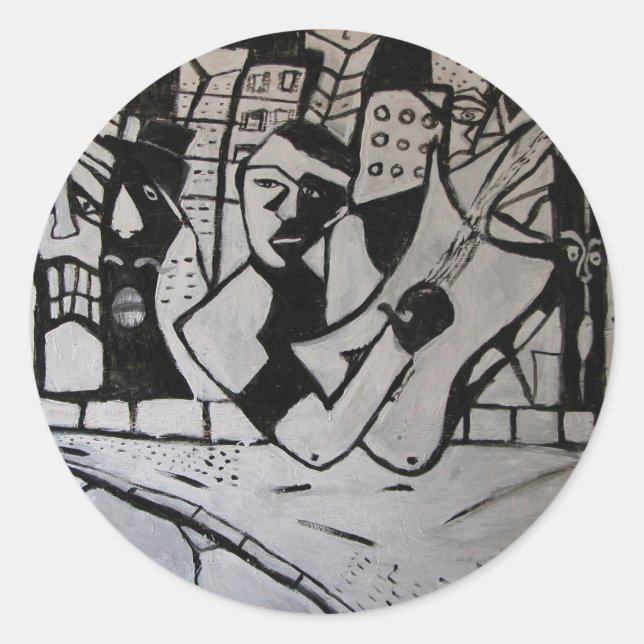 ABSTRACT GUITARIST BLACK WHITE CLASSIC ROUND STICKER (Front)
