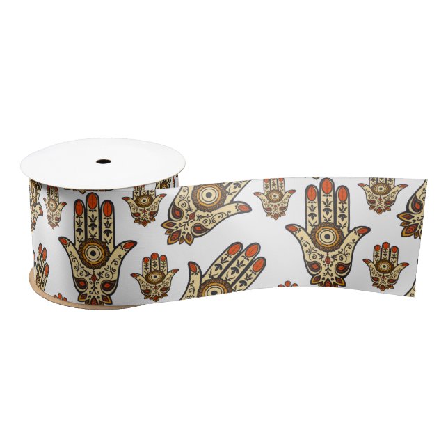 Abstract Hamsa Amulet (Hand of Fatima) Pattern Satin Ribbon (Spool)