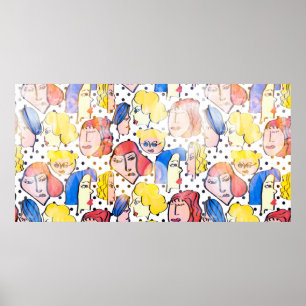 Abstract hand drawing woman faces cartoon with wat poster