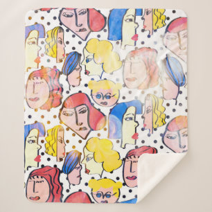 Abstract hand drawing woman faces cartoon with wat sherpa blanket