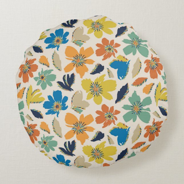 Abstract Hand-Drawn Boho Floral Pattern Round Cushion (Back)