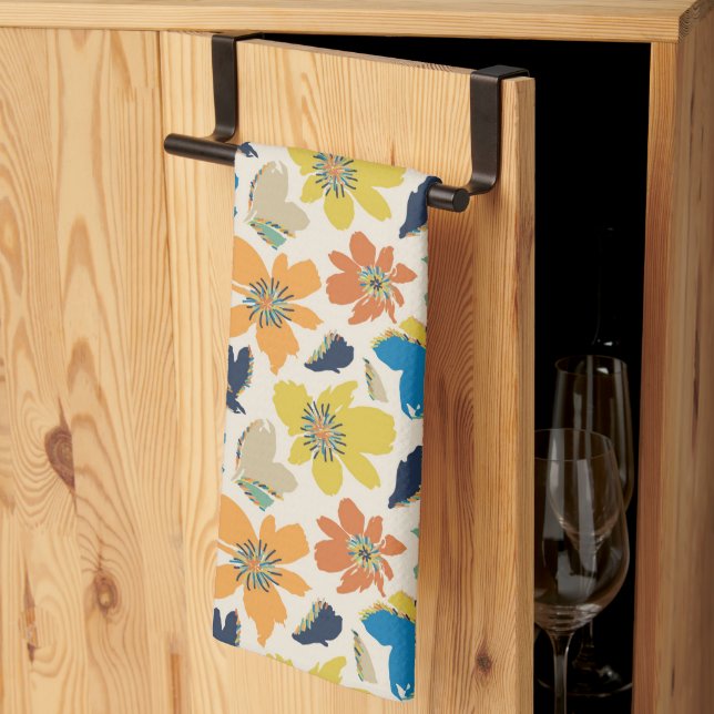 Abstract Hand-Drawn Boho Floral Pattern Tea Towel (Thirds Fold)