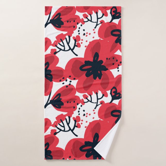 Abstract hand drawn red flowers seamless pattern bath towel (Bath Towel)
