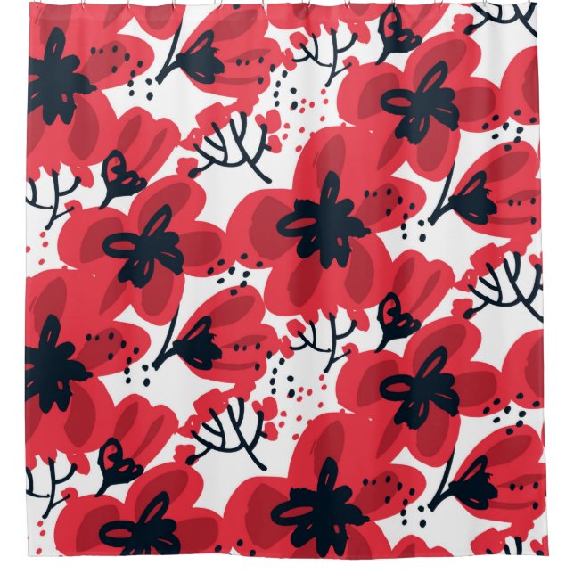 Abstract hand drawn red flowers seamless pattern shower curtain (Front)