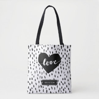Abstract Handdrawn Love Heart Black White Dots Tote Bag
