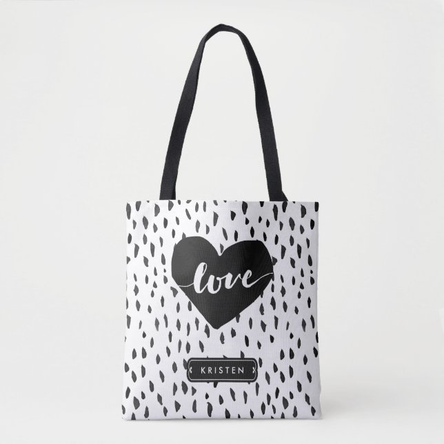 Abstract Handdrawn Love Heart Black White Dots Tote Bag (Front)