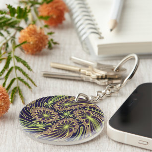 Abstract Happy Dance Neon Gold Fractal Art Key Ring