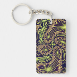 Abstract Happy Dance Neon Gold Fractal Art Key Ring