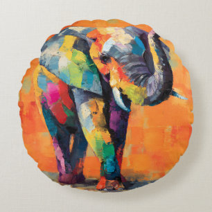 Abstract Happy Rainbow Elephant Round Cushion