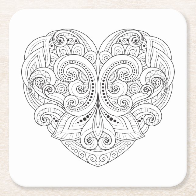 Abstract Heart Doodle Square Paper Coaster (Front)