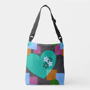 abstract heart, geometric floral, colourful tote 
