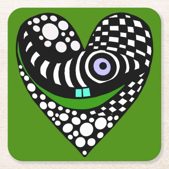 Abstract heart on green square paper coaster (Front)