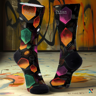 Abstract Hexagonal Glow in Orange Magenta on Black Socks