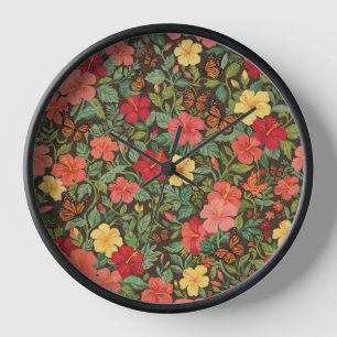Abstract Hibiscus Garden Butterflies Art Clocks