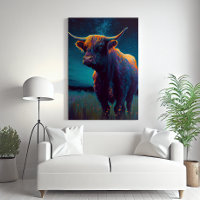 Abstract Highland Cow In A Field At Night Colourfu