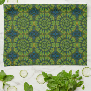   Abstract Hippie Green & Navy Blue Flowers Ethnic Tea Towel