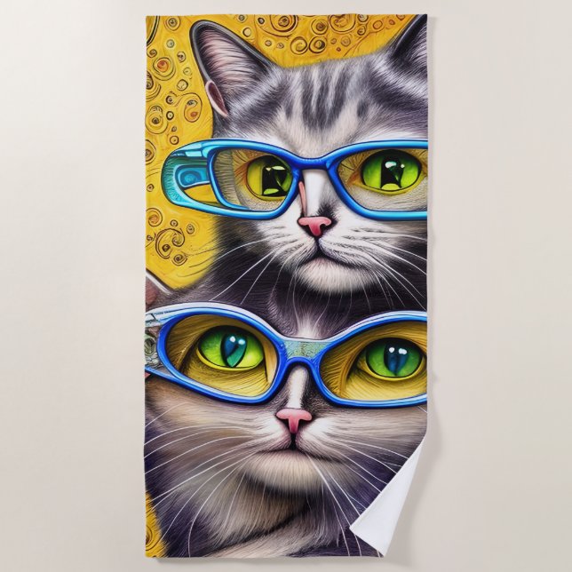 Abstract Hippie Joined Cats Wearing Glasses Beach Towel (Front)