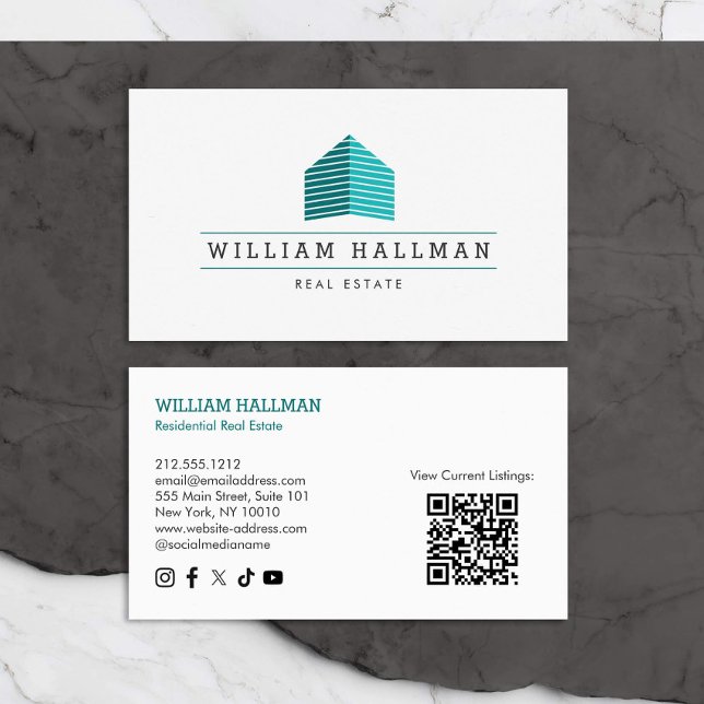 Abstract Home Logo Teal/White QR code Business Card (Creator Uploaded)