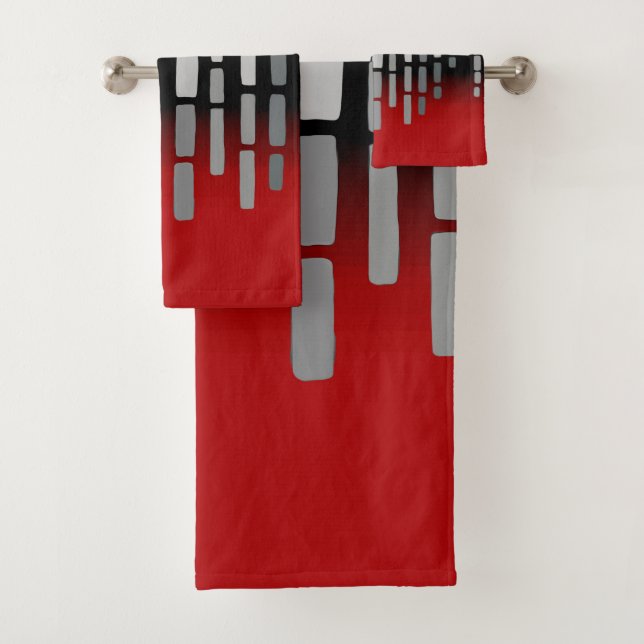 Abstract horizon, red, light grey, black bath towel set (Insitu)