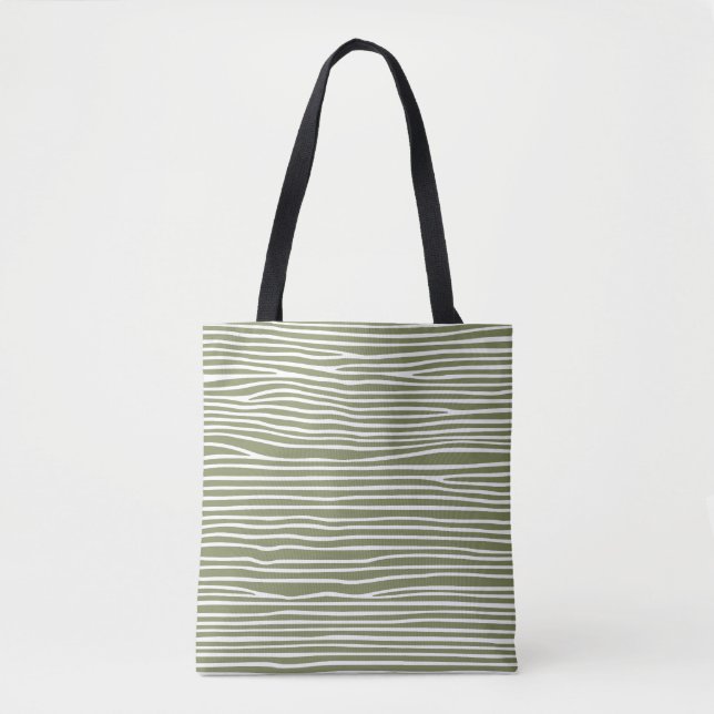 Abstract horizontal lines_white over olive green tote bag (Front)