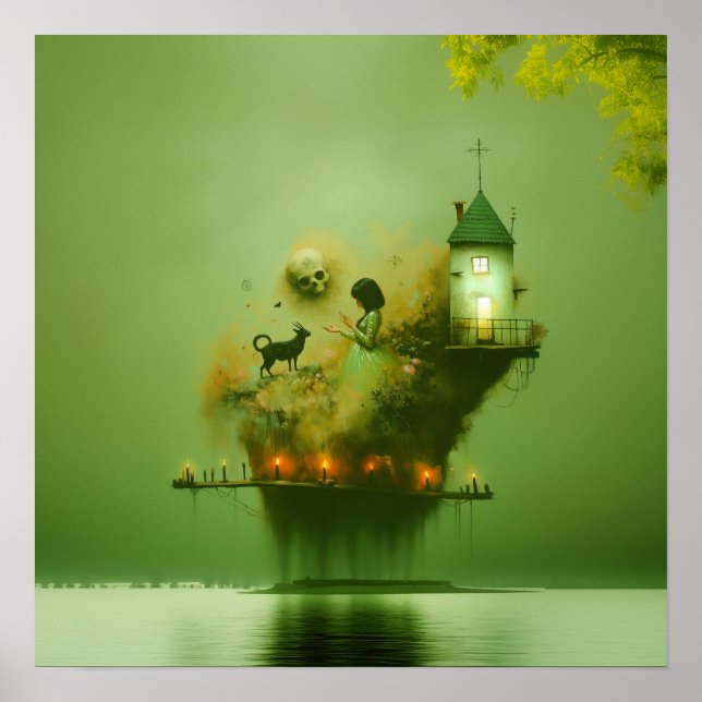 Abstract Horns Cat Green Witchy AI Art Matte Value Poster (Front)