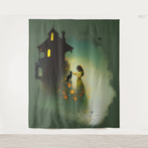 Abstract Horns Cat House Occult Dark Witchy AI Art Tapestry