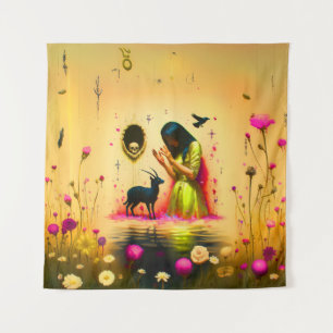 Abstract Horns Cat Skull Occult Dark Witchy AI Art Tapestry
