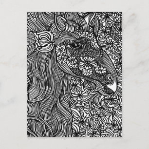 Abstract Horse face Flowers Original ink Art  Postcard