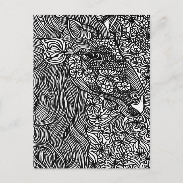 Abstract Horse face Flowers Original ink Art  Postcard (Front)
