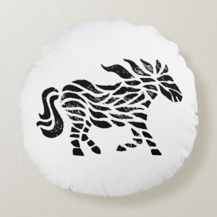 Abstract Horse Woodblock Print Round Cushion
