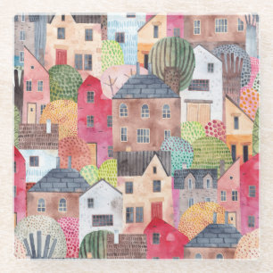 Abstract Houses: Watercolor Seamless Background. Glass Coaster