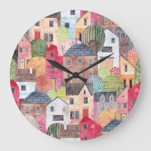 Abstract Houses: Watercolor Seamless Background. Large Clock