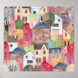 Abstract Houses: Watercolor Seamless Background. Poster