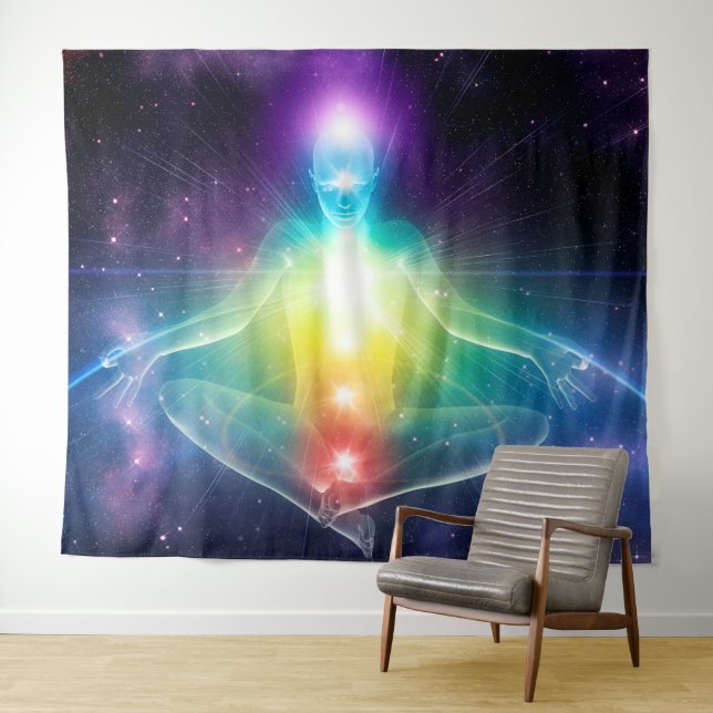 Abstract humanoid lotus yoga pose with chakras tapestry (In Situ (Horizontal))