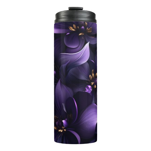 Abstract image of purple and black flowers thermal tumbler (Front)