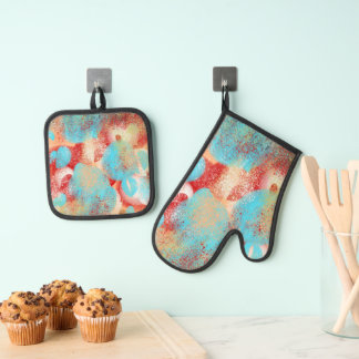 Abstract in Aqua-Blue, Red, and Yellow Oven Mitt & Pot Holder Set