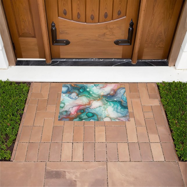 Abstract in Pink, Teal, Blue, and Gold Doormat (Outdoor)