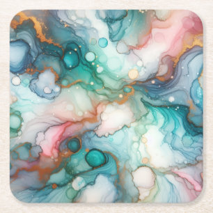 Abstract in Pink, Teal, Blue, and Gold Square Paper Coaster
