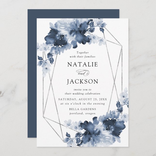 Abstract Indigo Floral | Geometric Frame Wedding Invitation (Front/Back)