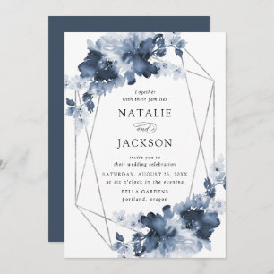 Abstract Indigo Floral   Geometric Frame Wedding Invitation