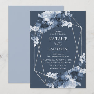 Abstract Indigo Floral Geometric Frame Wedding Invitation
