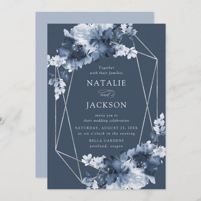 Abstract Indigo Floral | Geometric Frame Wedding Invitation (Front/Back)