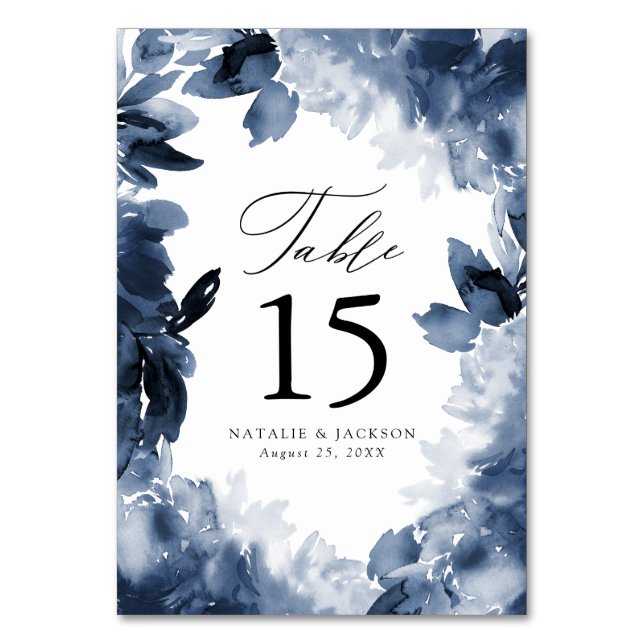Abstract Indigo Floral | Personalised Wedding Table Number (Front)