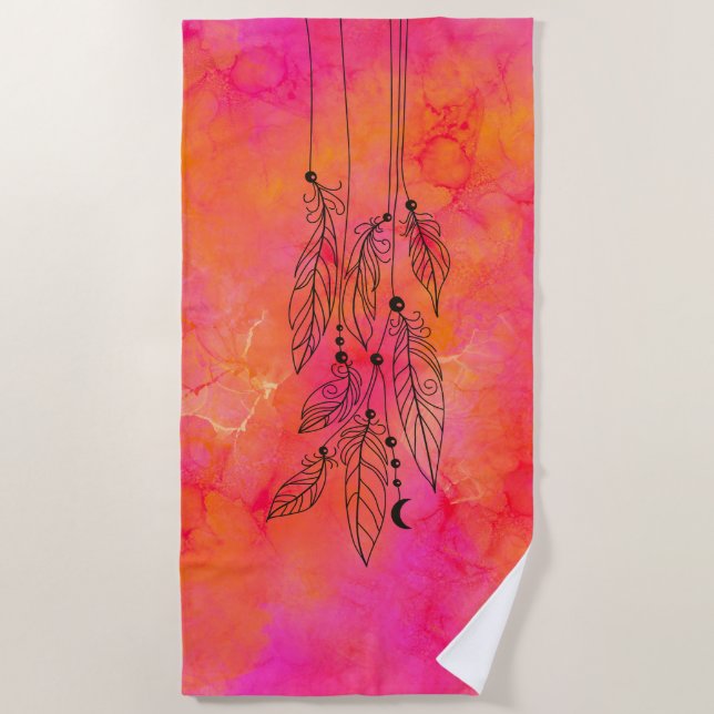 Abstract Ink Art Pink Orange Bohemian Feathers  Beach Towel (Front)