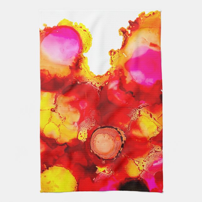 Abstract ink art yellow red and pink tea towel (Vertical)