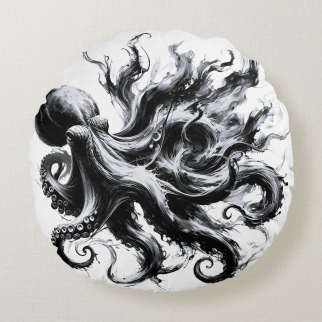 Abstract Ink Fluid Octopus Kraken Round Cushion (Front)