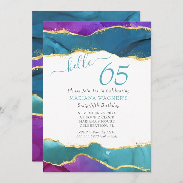 Abstract Ink Fuchsia Pink Teal Gold 65th Birthday  Invitation (Front/Back)