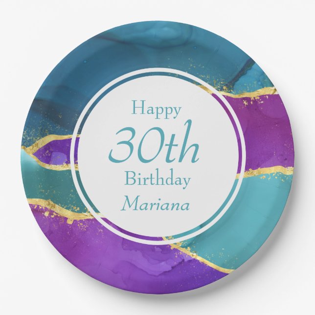 Abstract Ink Fuchsia Pink Teal Gold Birthday Party Paper Plate (Front)